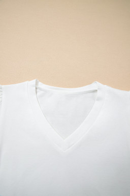 White Eyelet Embroidered Flutter Sleeve Patchwork V Neck Tee