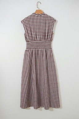 Coffee Plaid Print Full Zipper Cinched Waist Fit Flare Sleeveless Maxi Dress