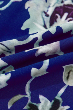 Blue Wild Floral Print Frilled Collar Half Sleeve Long Dress