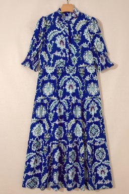 Blue Wild Floral Print Frilled Collar Half Sleeve Long Dress