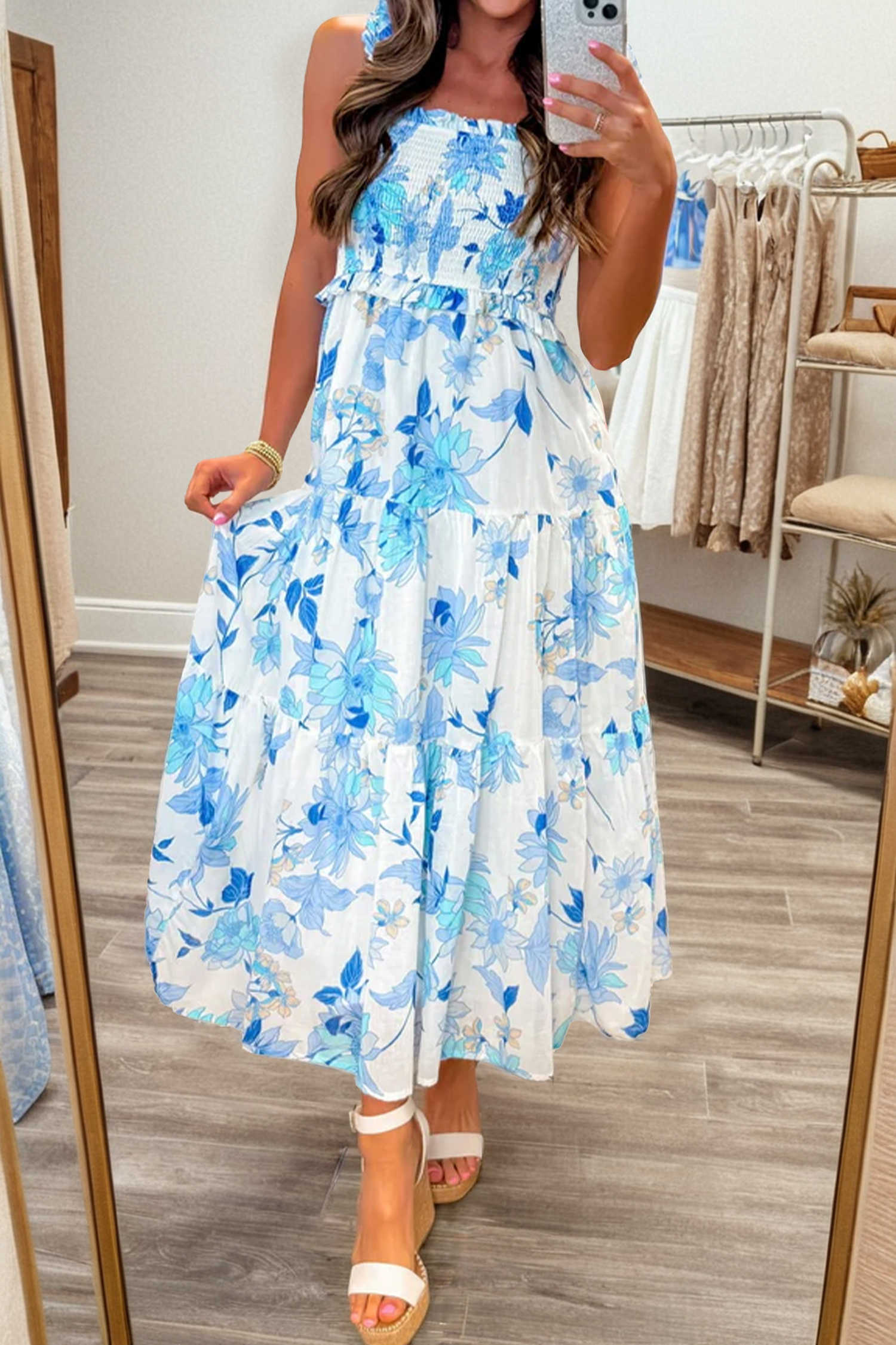 Sky Blue Ruffled Straps Smocked Tiered Floral Long Dress