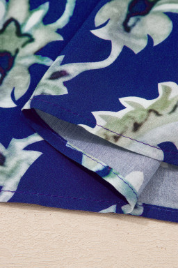 Blue Wild Floral Print Frilled Collar Half Sleeve Long Dress