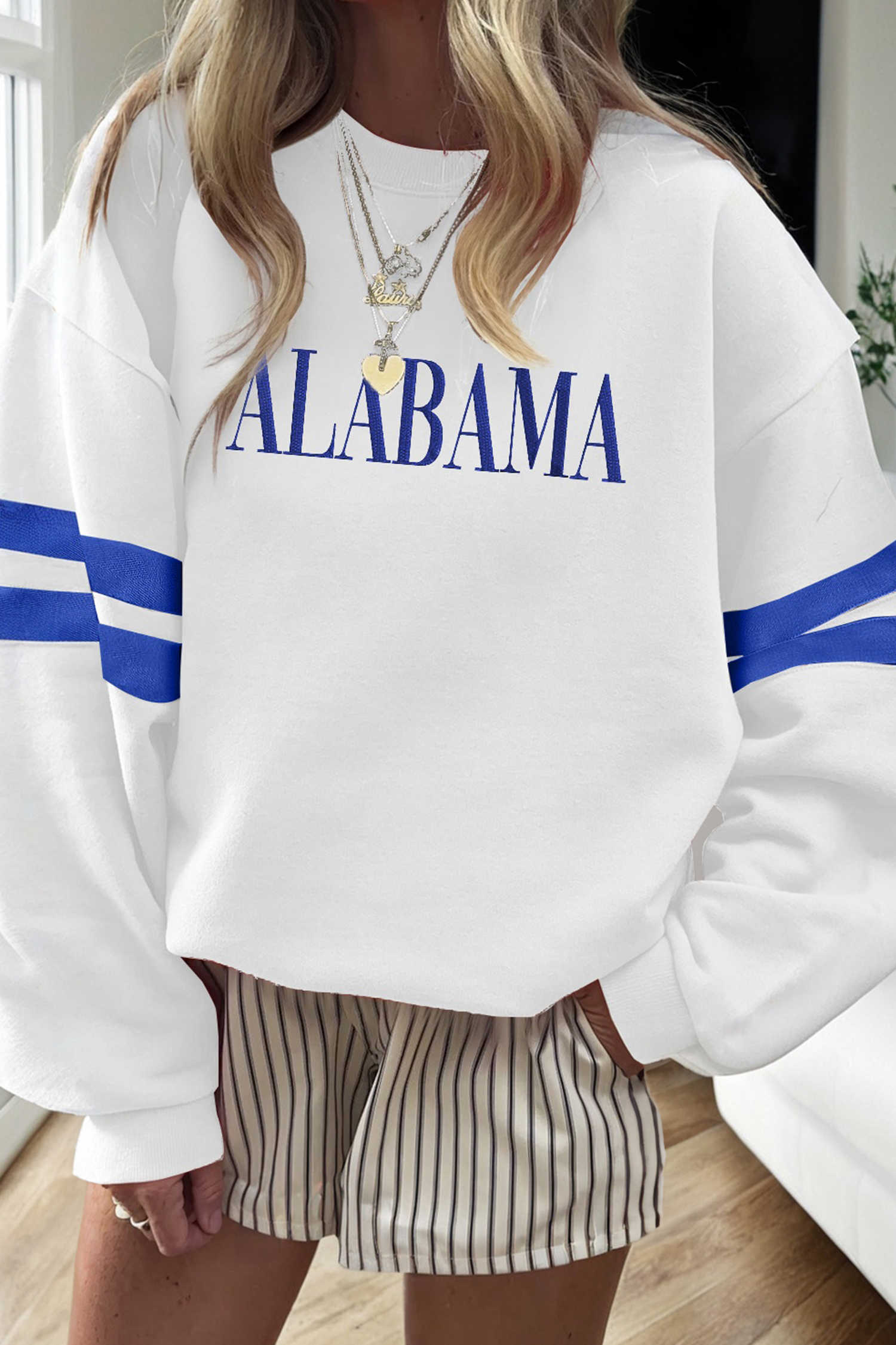 White ALABAMA Varsity Striped Pullover Sweatshirt