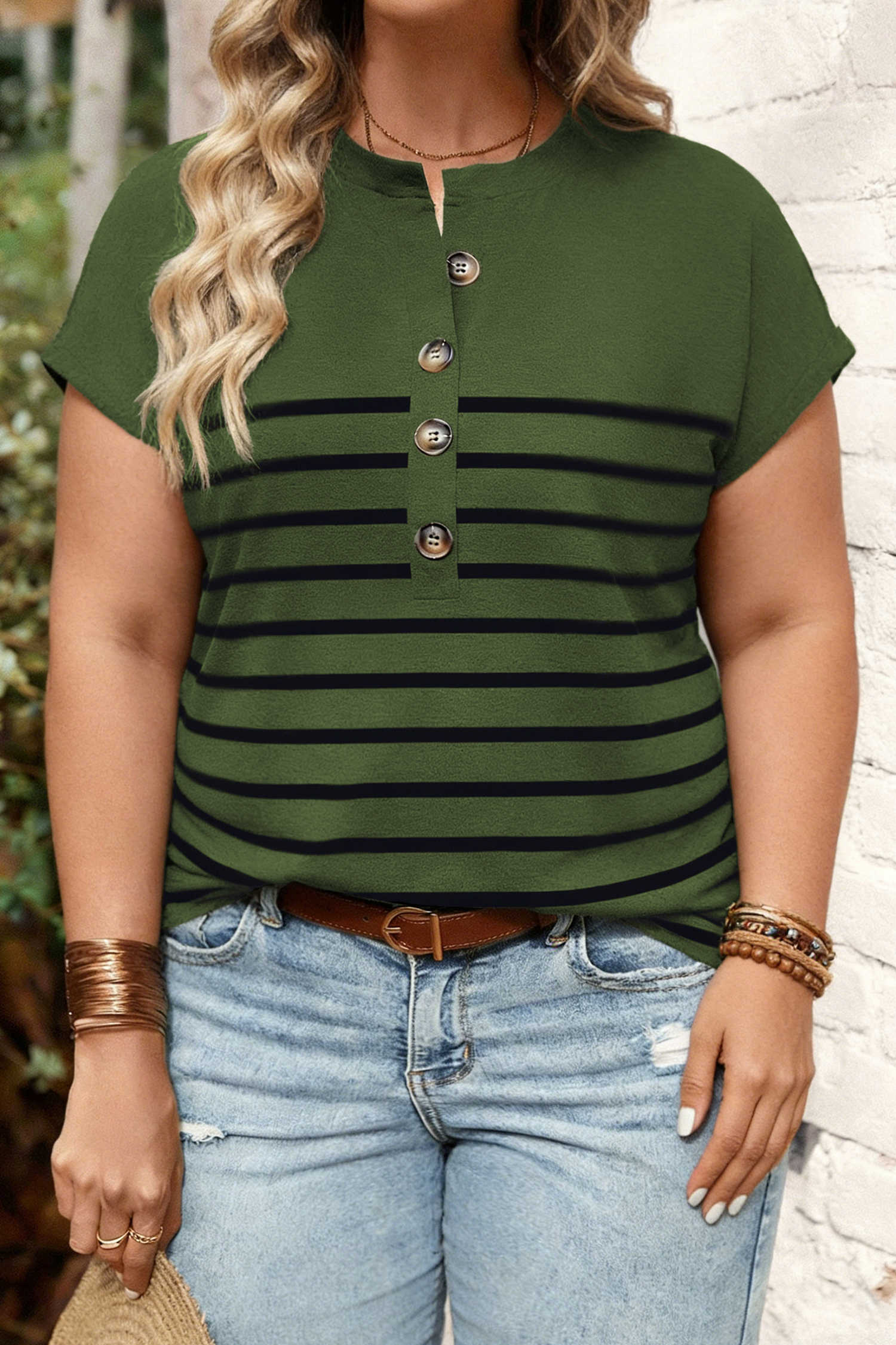 Four Leaf Clover Striped Half Buttons Plus Size Round Neck T-Shirt