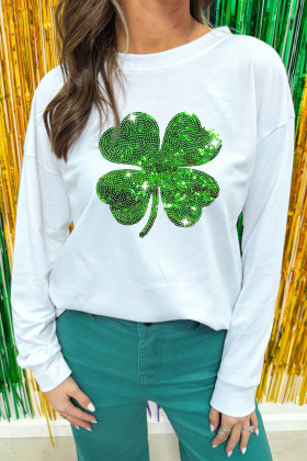 White Sequin 4-leaf Shamrock Long Sleeve Graphic Tee
