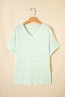 Clearly Aqua Waffle V Neck Short Sleeve Knit Top