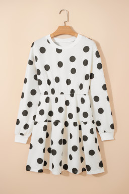 White Polka Dot Printed Long Sleeve Flared Mini Dress