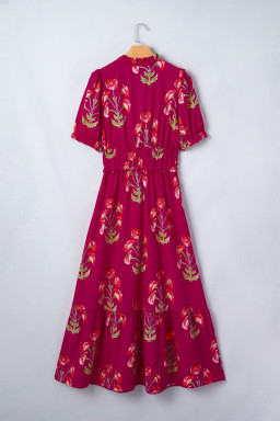 Red Floral Print Frilled V Neck Short Sleeve Ruffle Maxi Dress