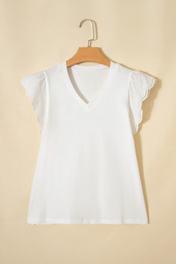 White Eyelet Embroidered Flutter Sleeve Patchwork V Neck Tee