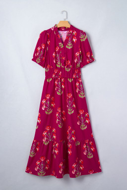 Red Floral Print Frilled V Neck Short Sleeve Ruffle Maxi Dress