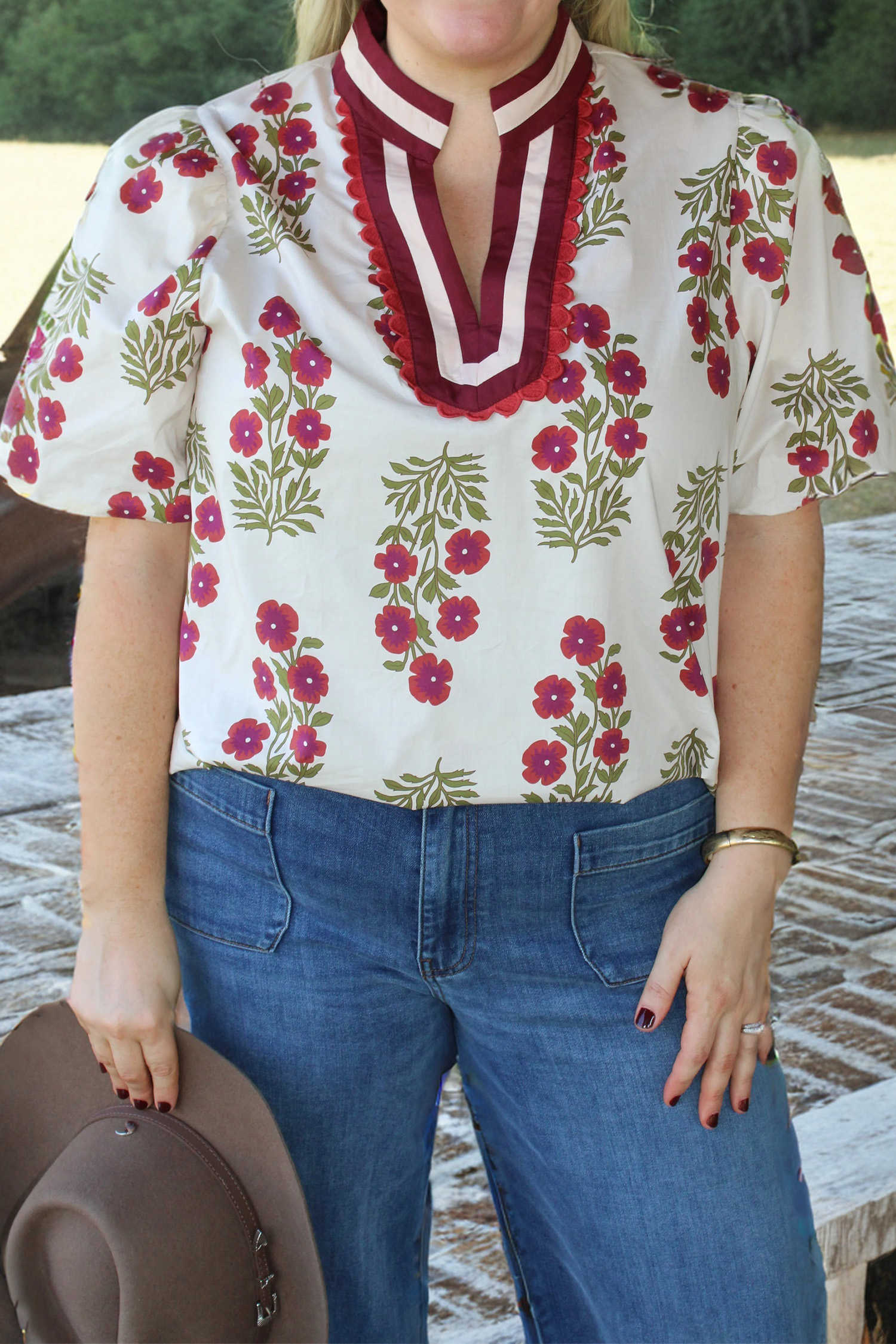 White Plus Size Floral Print Ricrac Striped Trim Short Sleeve Cotton Blouse