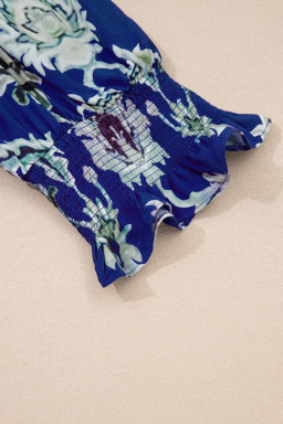 Blue Wild Floral Print Frilled Collar Half Sleeve Long Dress