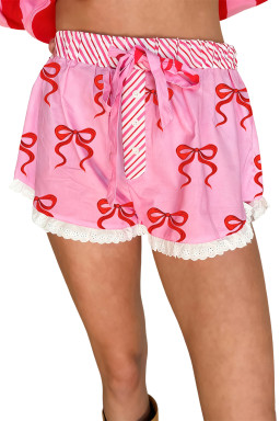 Pink Bow Print Striped Patchwork Elastic Waist Lace Trim Loose Shorts