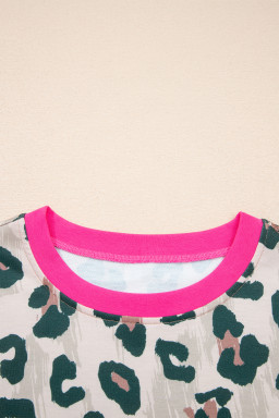 Brown Unique Leopard Print Contrast Trim Top Loose 2pcs Short Set