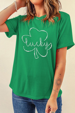 Bright Green Ceramic Rhinestone Lucky Clover Relaxed Round Neck Tee