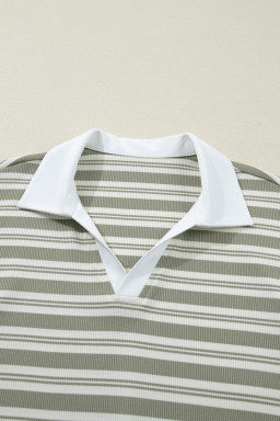 Green Stripe Collared V Neck Short Sleeve T Shirt Midi Dress with Pockets