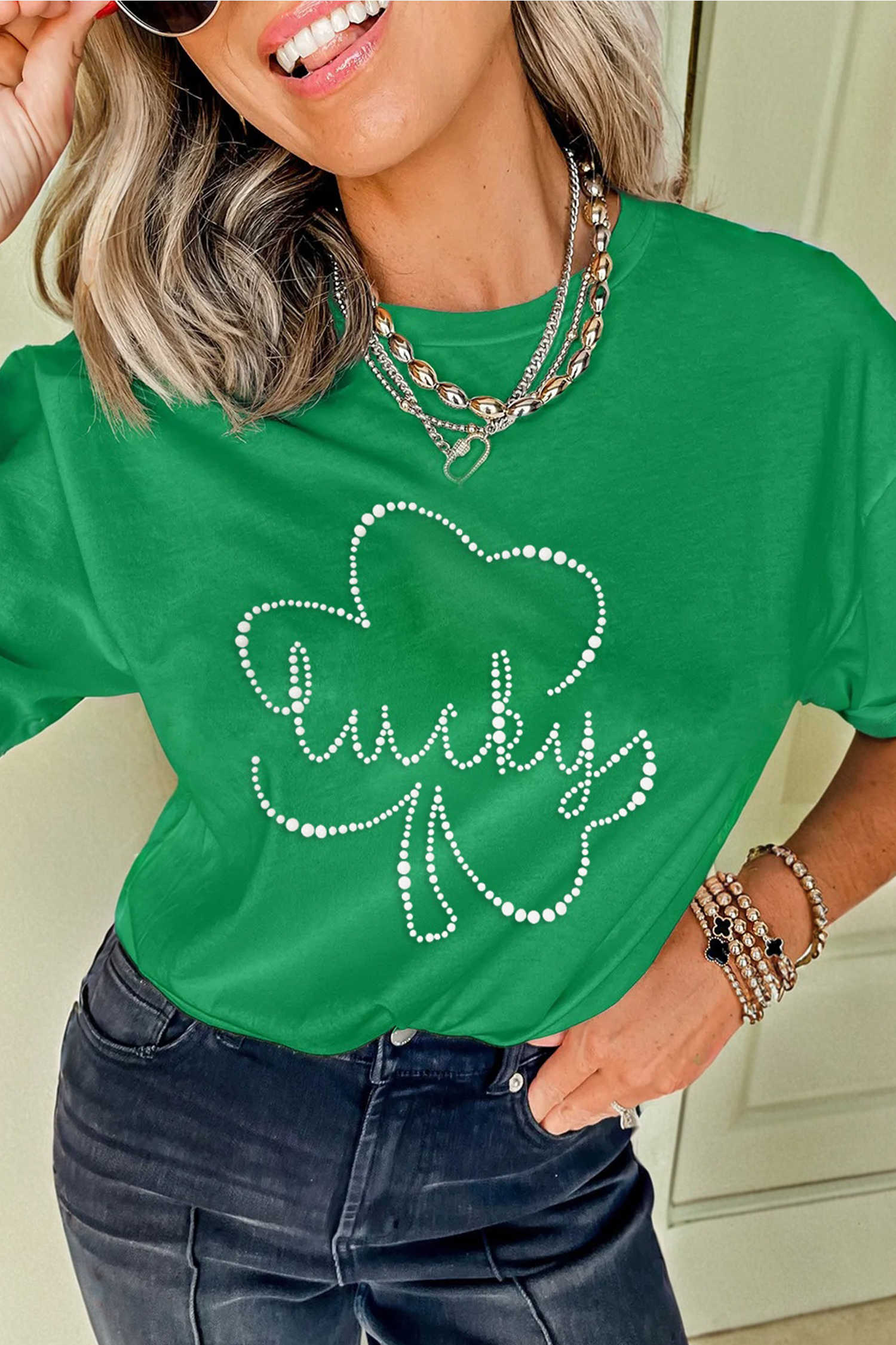 Bright Green Ceramic Rhinestone Lucky Clover Relaxed Round Neck Tee