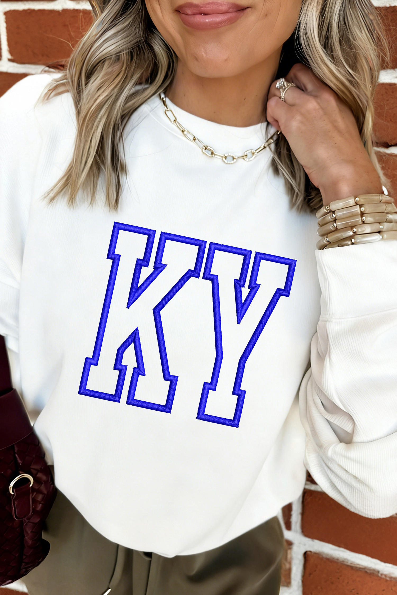 White KY Embroidered Graphic Pullover Sweatshirt