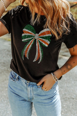 Black St Patricks Day Rhinestone Bow Casual Tee