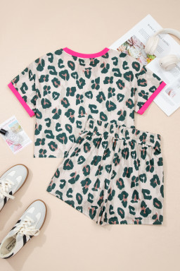 Brown Unique Leopard Print Contrast Trim Top Loose 2pcs Short Set