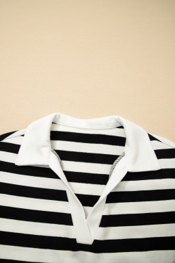 Black Stripe Collar V Neck Ruffled Short Sleeve Blouse