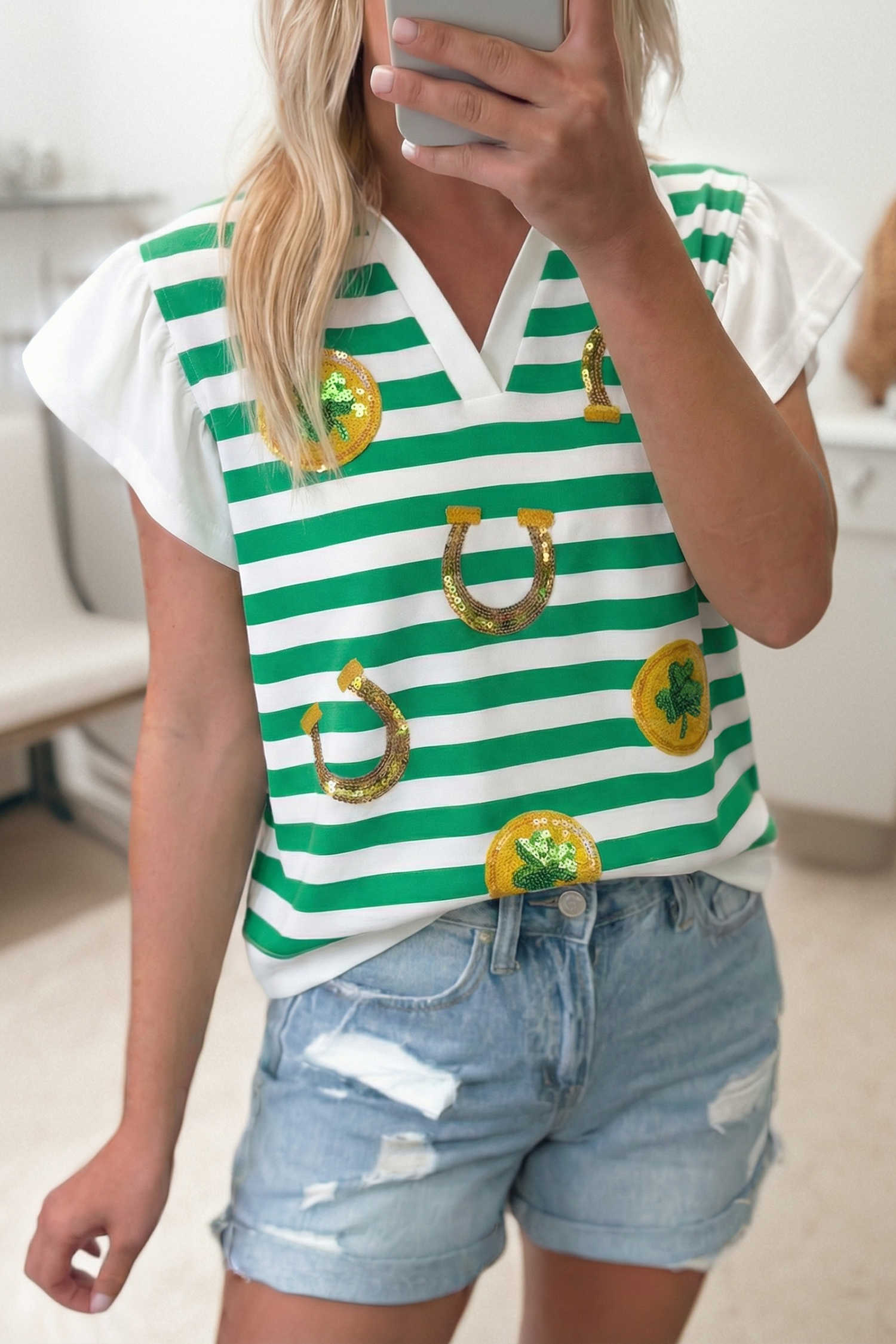 Green Stripe Sequin Clover Coin Horseshoe St Patricks Tee