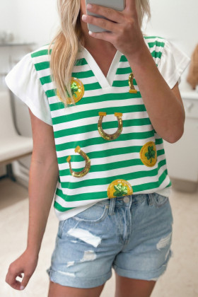 Green Stripe Sequin Clover Coin Horseshoe St Patricks Tee