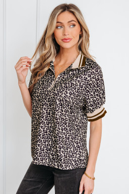 Khaki Leopard Print Half Zip Striped Trim Patchwork Short Sleeve Top
