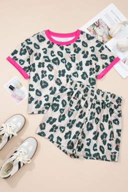 Brown Unique Leopard Print Contrast Trim Top Loose 2pcs Short Set