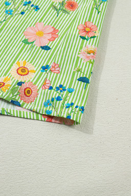 Green Stripe Floral Printed Scalloped Detail Ruffle Short Sleeve Blouse