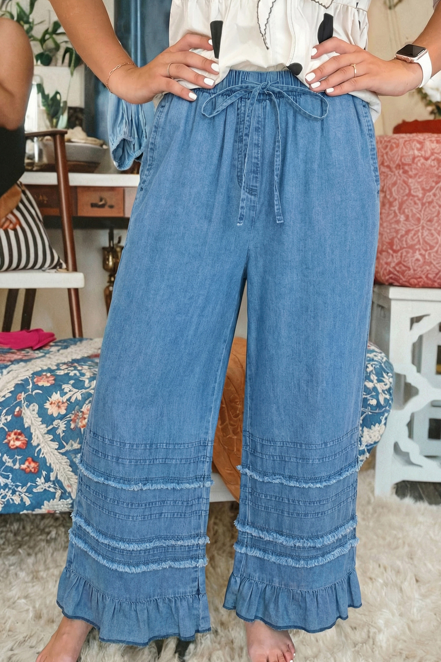 Dusk Blue Ruffled Hem Wide Leg Chambray Pants