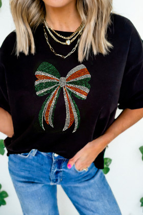 Black St Patricks Day Rhinestone Bow Casual Tee