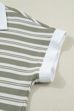 Green Stripe Collared V Neck Short Sleeve T Shirt Midi Dress with Pockets