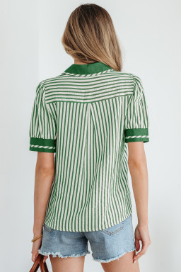 Green Stripe Collared Split Neck Short Bubble Sleeve Blouse