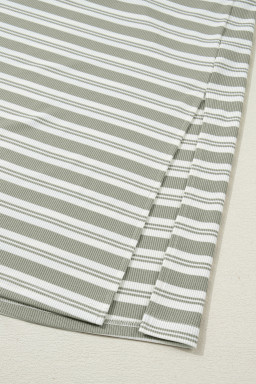 Green Stripe Collared V Neck Short Sleeve T Shirt Midi Dress with Pockets