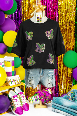 Black Sequin Mardi Gras Fleur De Lis Oversized T Shirt