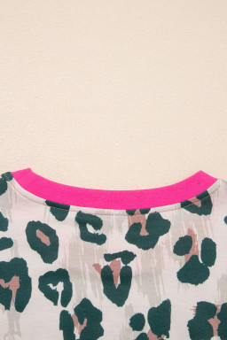 Brown Unique Leopard Print Contrast Trim Top Loose 2pcs Short Set