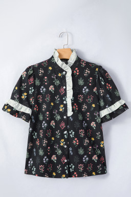 Black Contrast Frilled Trim Short Sleeve Floral Shirt