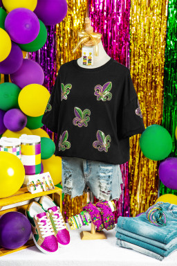 Black Sequin Mardi Gras Fleur De Lis Oversized T Shirt