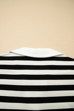 Black Stripe Collar V Neck Ruffled Short Sleeve Blouse