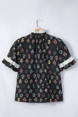 Black Contrast Frilled Trim Short Sleeve Floral Shirt