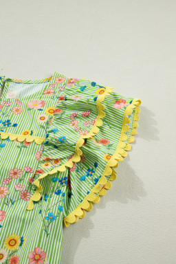 Green Stripe Floral Printed Scalloped Detail Ruffle Short Sleeve Blouse