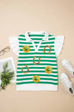 Green Stripe Sequin Clover Coin Horseshoe St Patricks Tee