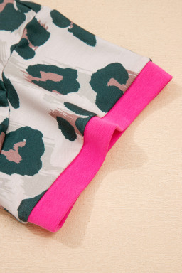 Brown Unique Leopard Print Contrast Trim Top Loose 2pcs Short Set