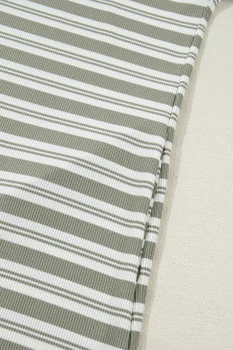 Green Stripe Collared V Neck Short Sleeve T Shirt Midi Dress with Pockets