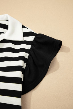 Black Stripe Collar V Neck Ruffled Short Sleeve Blouse