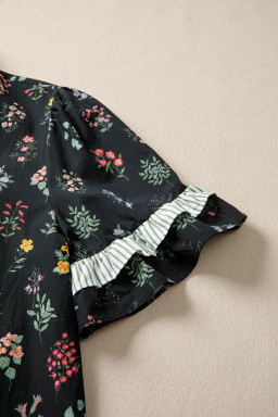 Black Contrast Frilled Trim Short Sleeve Floral Shirt