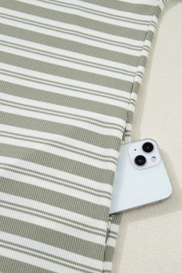 Green Stripe Collared V Neck Short Sleeve T Shirt Midi Dress with Pockets