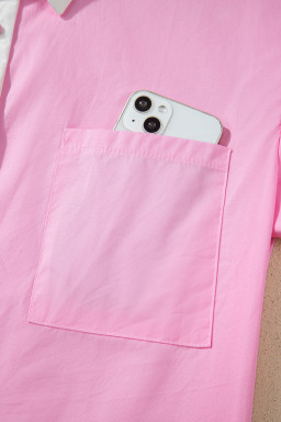 Pink Hollow-out Floral Contrast Patchwork Short Sleeve Button Up Shirt