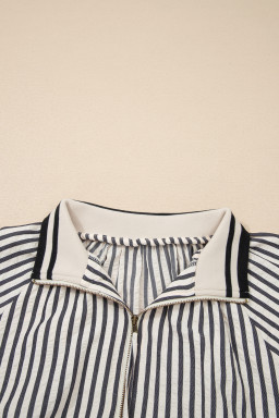 Black Stripe Polo Collar Half Zip Short Puff Sleeve Blouse